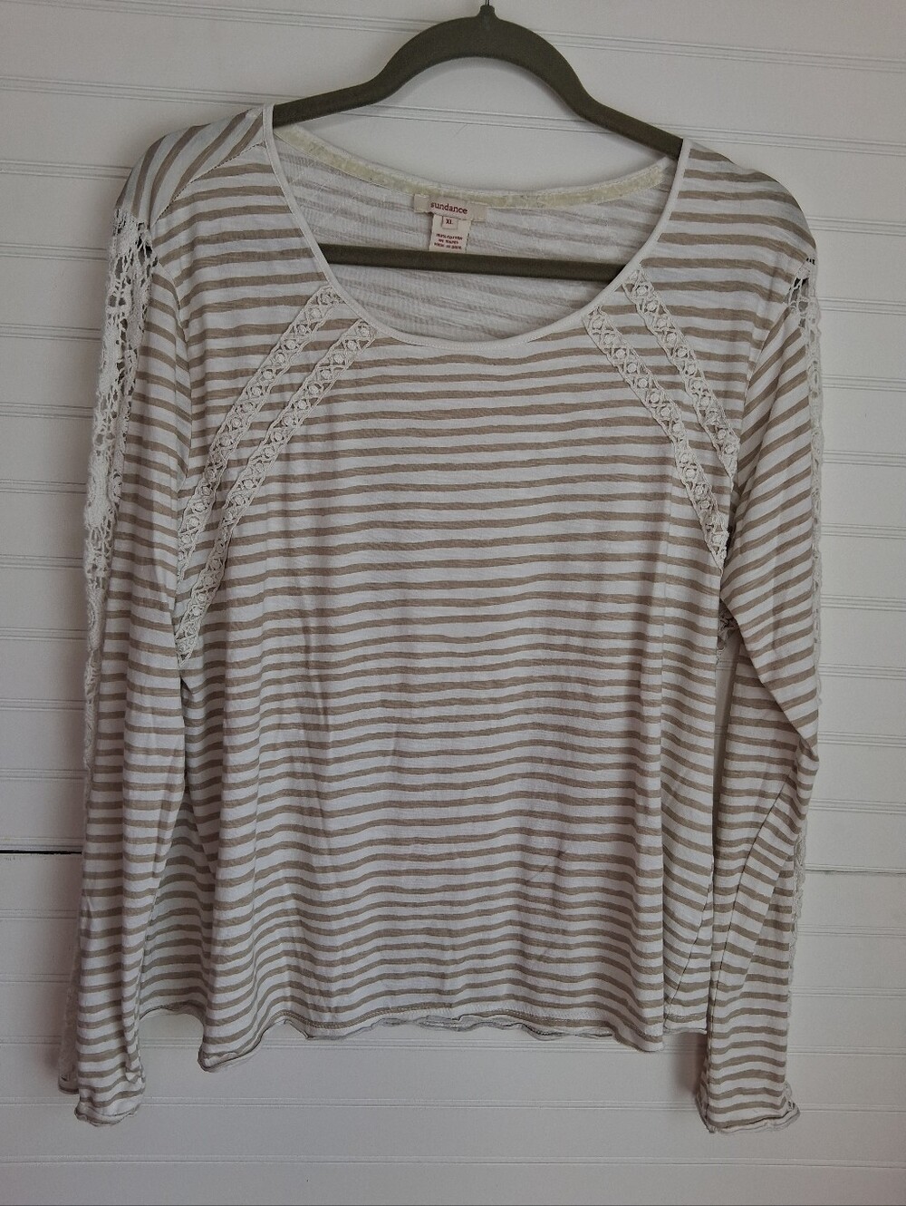 Sundance Beige and White Striped Lace-Accent Long Sleeve Cotton Tee Top Sz XL